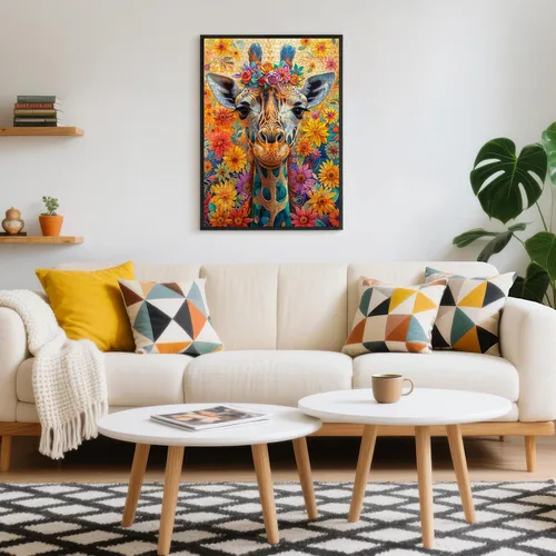 Vista 6 de Rompecabezas para adultos de 1000 piezas, jirafa colorida con corona floral Jirafa de cuello azul