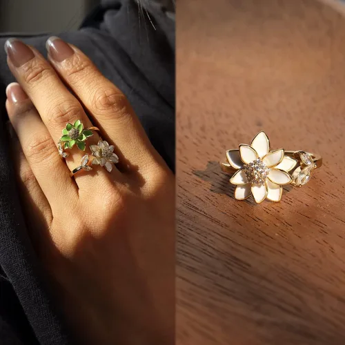 Vista 4 de Sonateomber Anillo de oro abierto ajustable con flores de primavera para mujer, moderno y elegante, con circonita cúbica única esmaltada frontal