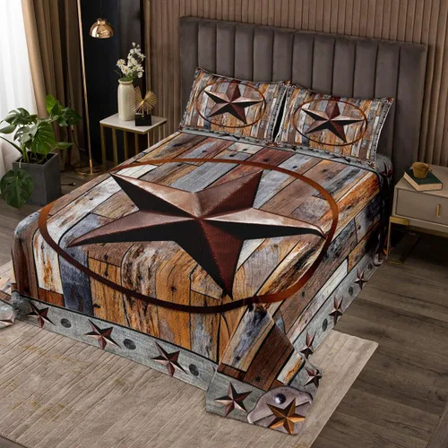 Vista 6 de Colcha acolchada rústica de Texas con estrellas del oeste de Texas para niños y niñas, color azul marino, juego de cubrecama de madera
