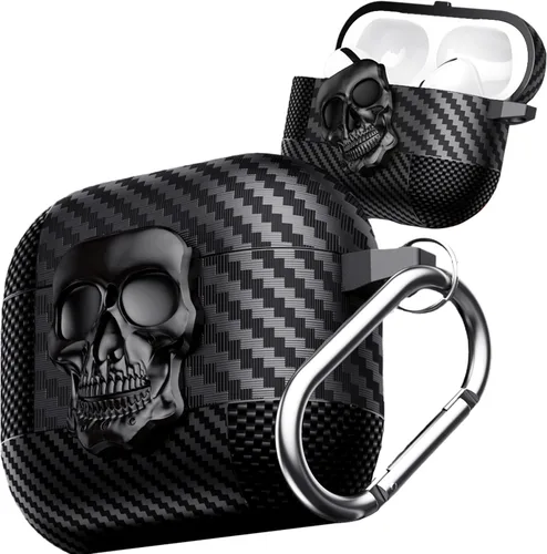 Vista 21 de Funda para AirPods Pro de 2ª generación, calavera con cerradura y llavero para hombres, divertida fibra de carbono de cuerpo completo, a prueba