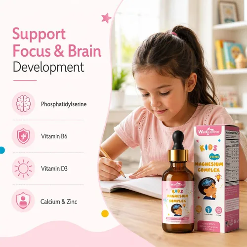 Vista 4 de Gotas de magnesio para niños, complejo de glicinato de magnesio líquido con citrato y taurato, apoyo para la calma y el sueño, apoyo para el cerebro
