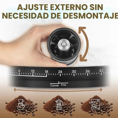 Vista 3 de MISETTO Molinillo de café manual con rebaba cónica de acero inoxidable CNC, ajuste externo ajustable, posicionamiento de doble rodamiento, café