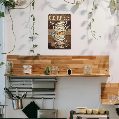 Vista 6 de Letrero de café para amantes del café, regalos de Cristo ofrece perdón para todos en todas partes, letrero de metal vintage para amigos, familia