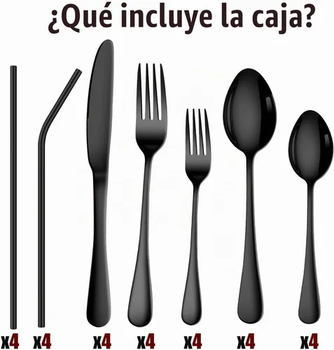 Vista 6 de Juego de cubiertos negros de 28 piezas para 4 cubiertos de acero inoxidable, apto para lavavajillas