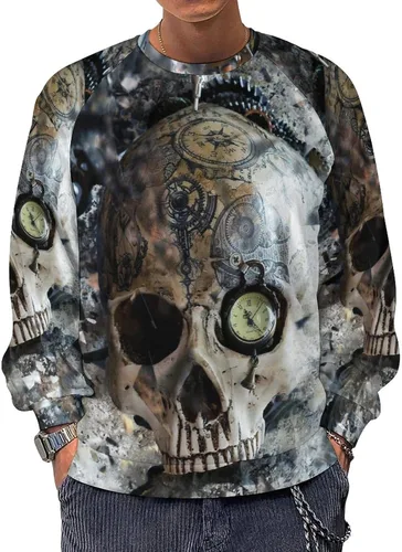 Vista 2 de Steampunk Skull Gear - Sudadera de cuello redondo para hombre, manga larga, suéter casual