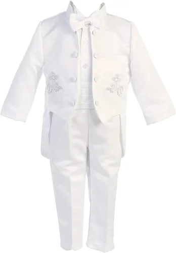 Vista 2 de iGilrDress - Cola de cuello mandarín blanco para bautizo y bautizo, 5 piezas, esmoquin con bordado cruzado