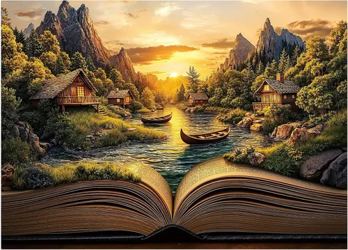 Vista 9 de Rompecabezas de isla flotante de bosque de fantasía de 1000 piezas para adultos, rompecabezas mágico de cascada de arco iris, rompecabezas de arte