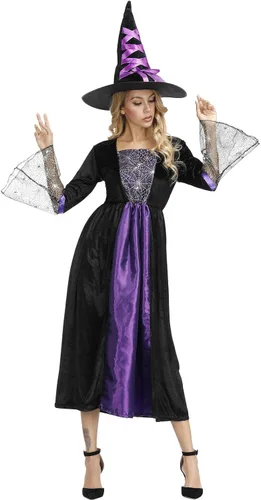 Vista 3 de Zhitunemi Disfraz de bruja para mujer vestido de hechicera sombrero de bruja malvado de araña disfraces