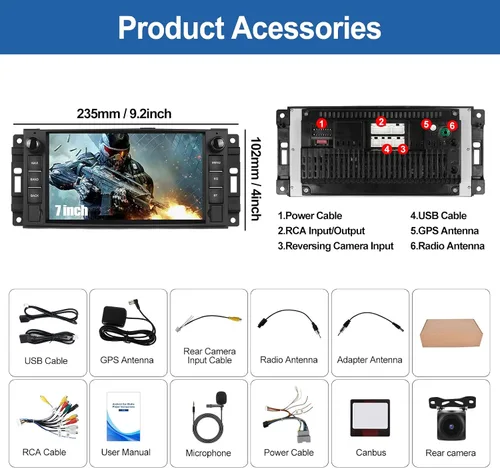 Vista 7 de Estéreo de coche de 4 GB+64 GB para Jeep Wrangler Radio 2007-2018 Brújula Dodge Ram 1500 2500 3500 con CarPlay Android Auto 7 "Pantalla táctil Radio