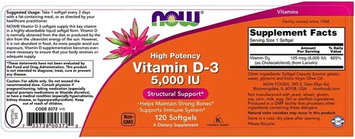Vista 3 de NOW Vitamina D-3 5,000 UI,120 cápsulas blandas
