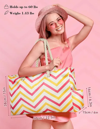 Vista 2 de Allinside Bolsa de playa a rayas onduladas para mujer, bolsa de playa extra grande, impermeable, bolsa de fin de semana para gimnasio, playa
