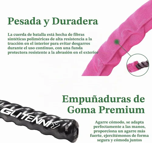 Vista 3 de Cuerda de batalla rosa de 1 pulgada, 30 pies, cuerda de batalla para gimnasio en casa, ejercicio para entrenamiento de ejercicio, entrenamiento
