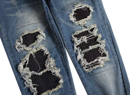 Vista 6 de QIMYUM Jeans ajustados para hombre, jeans ajustados rasgados para hombre, jeans de motociclista, elásticos, pantalones de mezclilla de Moto Cargo
