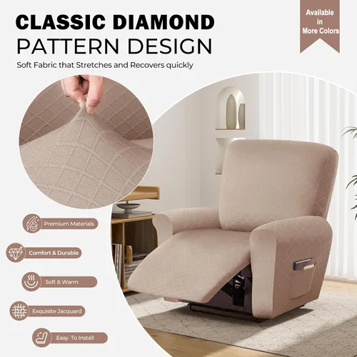 Vista 3 de vctops Funda reclinable con diamantes de 4 piezas, funda elástica para sofá reclinable de 1 plaza, protector suave y sólido para muebles con correa