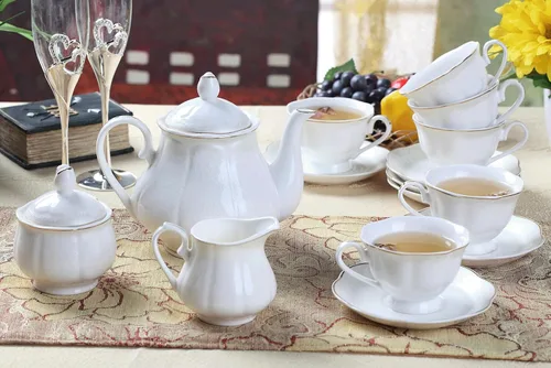 Vista 2 de GuangYang Juego de 15 piezas de té de porcelana para adultos, patrón blanco roto en relieve con ribete dorado