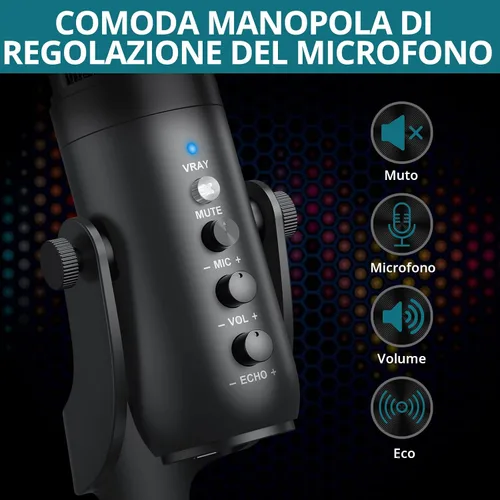 Vista 3 de Micrófono de condensador USB para computadora, micrófono de PC Plug & Play con ganancia de micrófono eco, control de volumen y botón de silencio