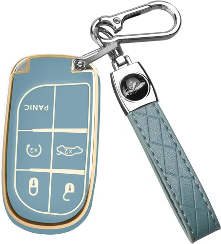 Vista 8 de QBUC Funda para llavero de Jeep con llavero de cuero TPU funda de protección compatible con llave inteligente Grand Cherokee Renegade (rosa)
