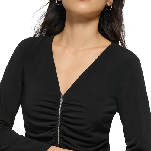 Vista 4 de Calvin Klein Blusa de manga larga con cremallera frontal fruncida para mujer