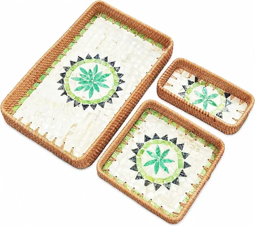 Vista 7 de i-lan Juego de 3 bandejas rectangulares de ratán y nácar azul de 15 pulgadas, bandejas tejidas de ratán natural, rectangulares bohemias, cestas