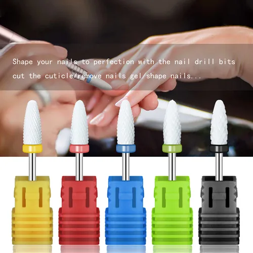 Vista 5 de Juego de brocas de cerámica de cabeza de maíz profesional de 5 tamaños con soporte para lima de uñas eléctrica, manicura, pedicura, esmalte de gel