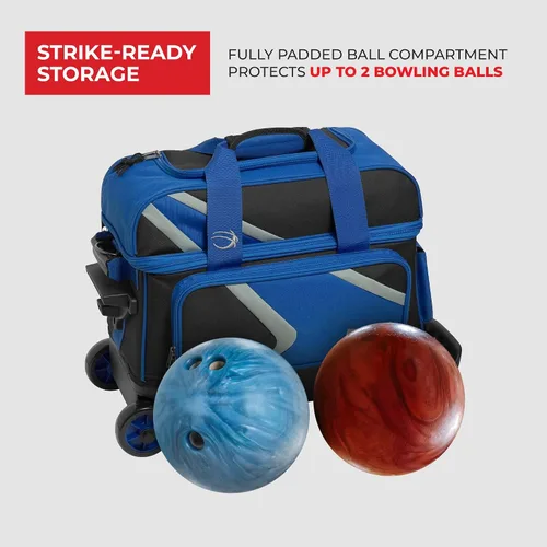 Vista 2 de BSI Dash Roller Bowling Bag with Smooth Rolling Wheels, Padded Ball Compartment, Retractable Locking Handle, & Shoe Pocket Negro/Azul/Gris