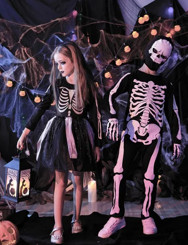 Vista 6 de Disfraz de esqueleto para niños, para Halloween, disfraz espeluznante con máscara de calavera