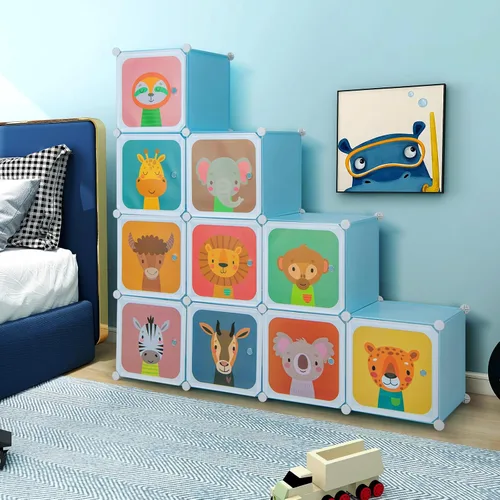 Vista 8 de Costzon Armario para Niños, Organizador de Almacenamiento Modular de Tocador de Dibujos Animados DIY con 12 Cubos y 2 Percheros para Colgar Ropa