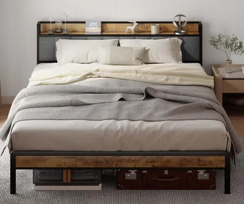 Vista 3 de Gizoon Base de cama matrimonial con cabecero y estribo, cama de plataforma Gris oscuro