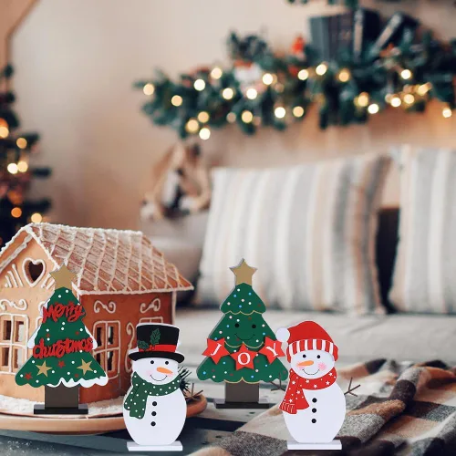 Vista 7 de DECSPAS Decoraciones navideñas para interiores, 4 piezas de árboles de Navidad de madera y muñecos de nieve para decoración de mesa de centro
