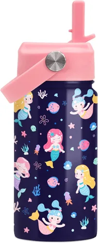 Vista 8 de SANDJEST Botella de Agua para Niños con Tapa de Pajita - 12 Oz Botella de Acero Inoxidable Aislada con Dibujo de Animales para Niños y Niñas - Taza