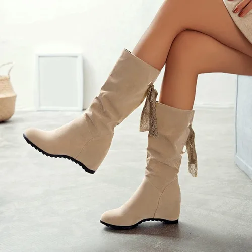 Vista 2 de Botas de media pantorrilla para mujer con tacón de cuña con cremallera, estilo clásico, de cuero redondo, cómodas botas vaqueras occidentales