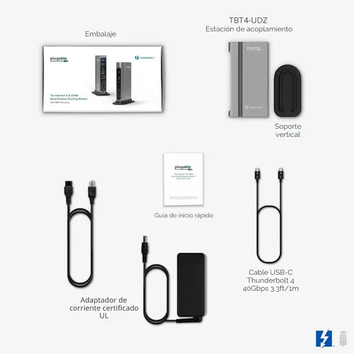 Vista 8 de Plugable Base Thunderbolt 4 16 en 1: monitores 4K duales para MacBook Air/Pro M4/M5, carga de 100 W, 2 HDMI, 2 puertos DisplayPort, Ethernet 2.5G, 7