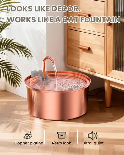 Vista 2 de Tomxcute Copper Cat Water Fountain, 108oz/3.2L Large Capacity, Ultra-Quiet Pump (≤25dB), Multi-Layer Filtration, Easy Hand-Wash Design for Cats &