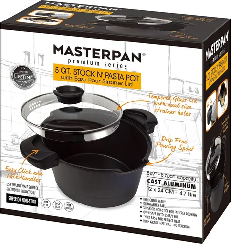 Vista 8 de MasterPan Olla antiadherente para pasta de 5 cuartos de galón con asas de bloqueo y colador fácil de verter, 9 pulgadas