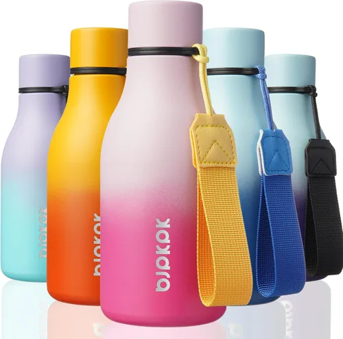 Vista 8 de BJPKPK Botellas de agua aisladas, botella de agua de metal de acero inoxidable de 12 onzas con correa, sin BPA a prueba de fugas, jarras, tazas
