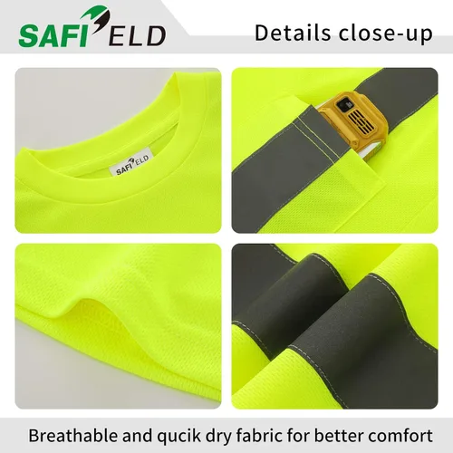 Vista 4 de Hi Vis - Camisetas de seguridad para hombre, reflectantes, de alta visibilidad, manga corta y larga, con bolsillo, paquete de 3 y 5