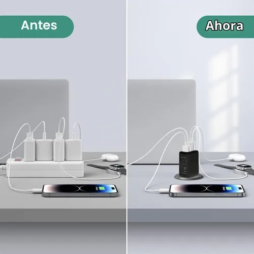 Vista 5 de Cargador de pared USB C, bloque cargador USB C de 4 puertos de 40W, bloque de carga rápida puerto dual PD+QC enchufe de pared multipuerto tipo C