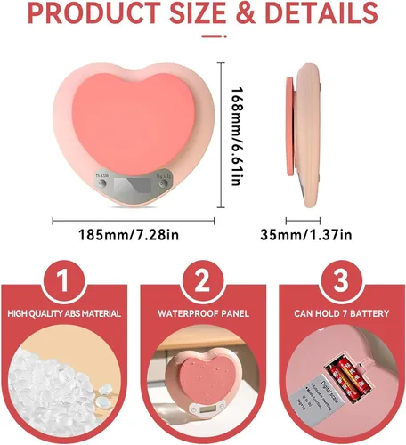 Vista 2 de Linda báscula de alimentos, báscula digital en forma de corazón con pantalla LCD recargable para cocinar, hornear, pesar alimentos [0.04 oz/11.0 lbs]