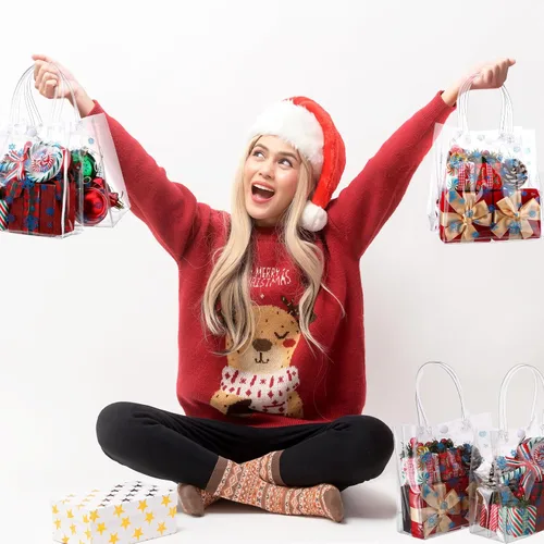 Vista 3 de Yeaqee 36 Piezas Bolsas de Regalo Transparentes de Copo de Nieve de Navidad con Asas Bolsas de Plástico a Granel para Dulces Bolsas Reutilizables