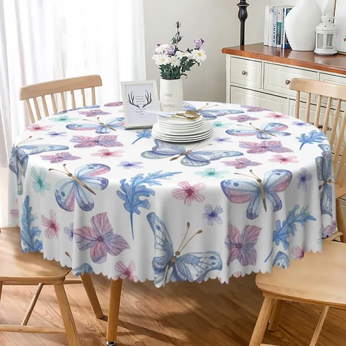 Vista 25 de Mantel redondo floral rústico de 48 pulgadas, con estampado botánico de flores en acuarela verde, azul y gris, a prueba de derrames y aceite, tela