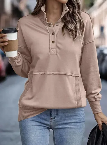 Vista 2 de SHEWIN Sudadera casual de manga larga para mujer, ligera, con botones, holgada, sin botones