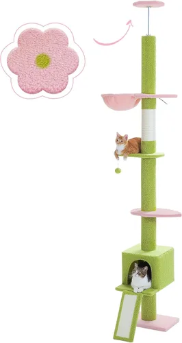 Vista 9 de PEQULTI Árbol para gatos de suelo a techo, torre alta para gatos, altura ajustable (83''-108'' / 83-108 pulgadas) árbol trepador de 5 niveles