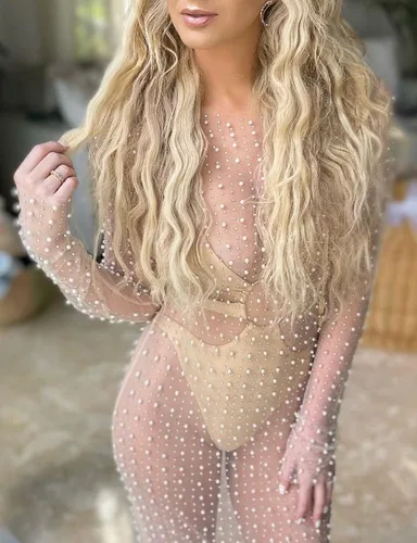 Vista 7 de Leezeshaw Traje de baño de malla transparente con cuentas para mujer, vestido largo tipo túnica de playa para niña