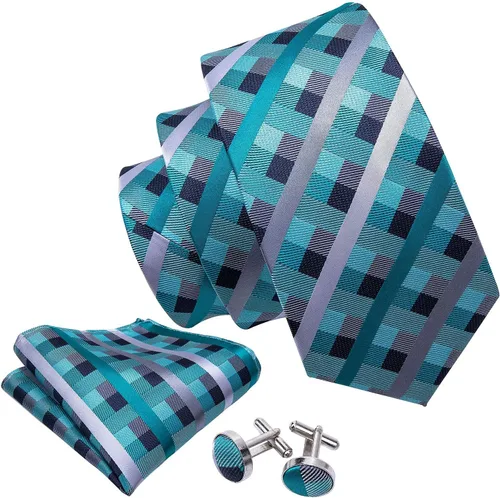 Vista 83 de Barry.Wang Juego de corbatas a cuadros para hombre con pañuelo gemelos de rayas clásicas