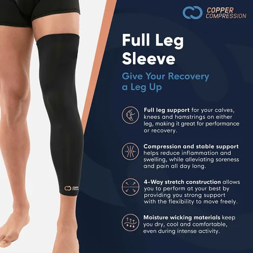 Vista 3 de Copper Compression Manga de compresión para piernas, soporte estabilizador de rodilla con infusión de cobre para correr, desgarro de menisco, ACL