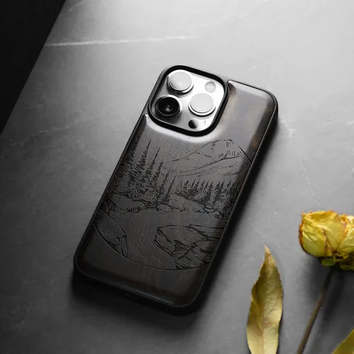Vista 4 de Carveit Funda magnética de madera para iPhone 14 Pro Max [madera natural y TPU suave negro] Funda protectora de madera única y elegante a prueba