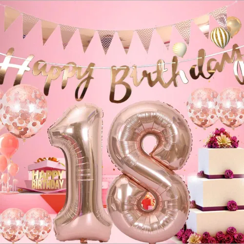 Vista 3 de Guirnalda de cumpleaños número 14 de oro rosa + pancarta, 5 globos de confeti, globos del número 14, decoración de feliz cumpleaños