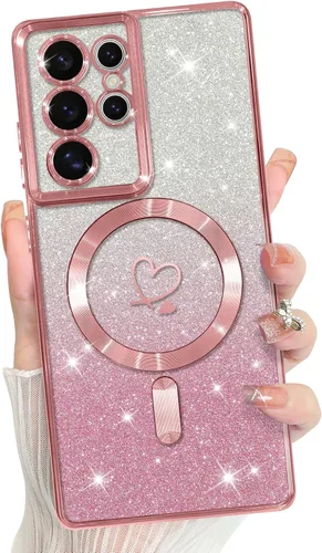 Vista 222 de Bonoma - Funda compatible con Samsung Galaxy S21 Plus, diseño de corazón con purpurina, color rosa Support for MagSafe, Plating Magnetic Case TPU
