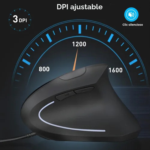 Vista 3 de Ratón ergonómico con cable, mouse vertical con cable USB con 800/1200/1600 DPI ajustable, 6 botones ergonómico para portátil/PC/escritorio, negro