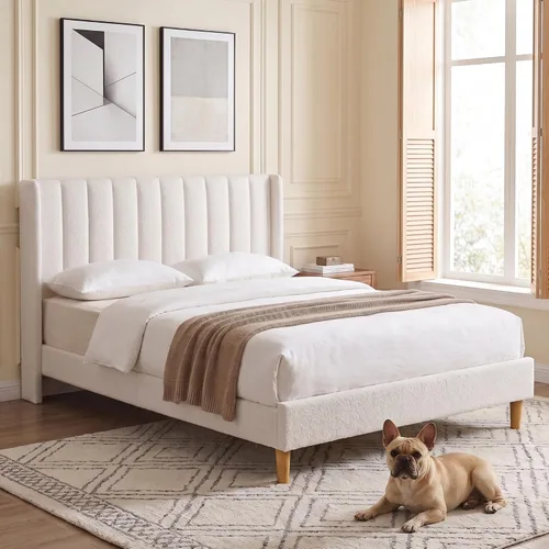 Vista 33 de Cama de plataforma tapizada de terciopelo Queen con cabecera con respaldo de alas, color crema Canal vertical acolchonado, listones de madera